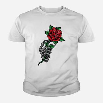 Skeleton Hand Holding A Red Rose Flower Cool Aesthetic Youth T-shirt | Crazezy UK