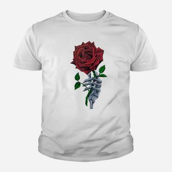 Skeleton Hand Red Rose Flower Youth T-shirt | Crazezy UK