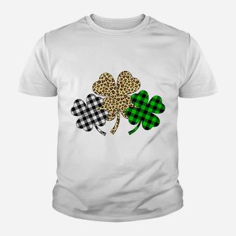 Three Shamrocks Leopard Buffalo Plaid St Patrick Day Gift Youth T-shirt | Crazezy