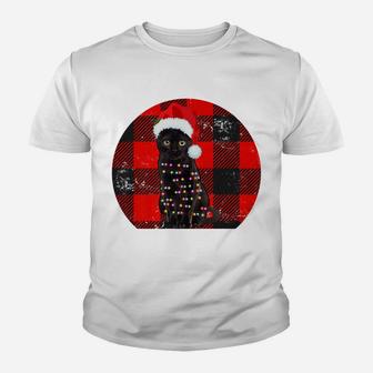 Vintage Black Cat Christmas Lights Plaid Cat Lover Christmas Youth T-shirt | Crazezy