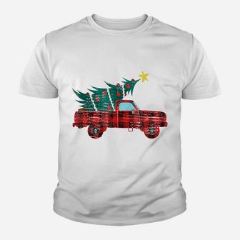 Vintage Red Truck Merry Christmas Tree Red Buffalo Plaid Youth T-shirt | Crazezy