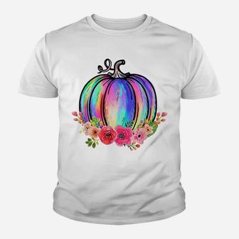 Watercolor Tie Dye Pumpkin Flower Fall Autumn Thanksgiving Youth T-shirt | Crazezy DE
