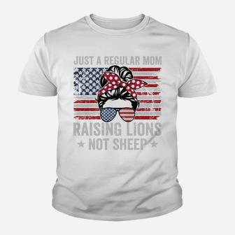 Women Messy Bun Just A Regular Mom Raising Lions - Usa Mama Youth T-shirt | Crazezy