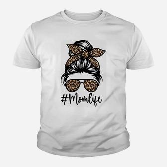Women Mom Life Bleached Shirt Mom Life Leopard Messy Bun Sweatshirt Youth T-shirt | Crazezy AU