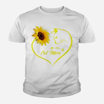 Womens Cute Cat Mom Sunflower Heart Love Mothers Day Gift Cat Lover Youth T-shirt | Crazezy