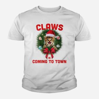 Womens Funny Christmas Cat Claws Is Coming To Town Cat Lovers Youth T-shirt | Crazezy