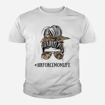 Womens Messy Bun Life Of A Proud Air Force Mom Mother's Day Youth T-shirt | Crazezy