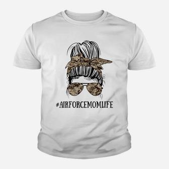 Womens Messy Bun Life Of A Proud Air Force Mom Mother's Day Youth T-shirt | Crazezy DE