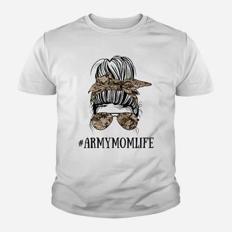Womens Messy Bun Life Of A Proud Army Mom Mother's Day Military Youth T-shirt | Crazezy CA