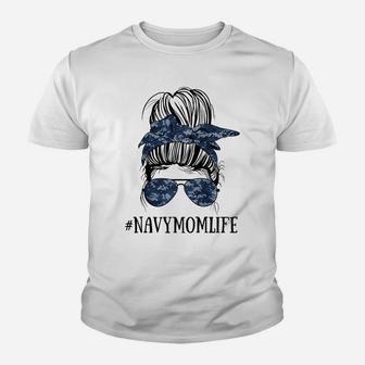 Womens Messy Bun Life Of A Proud Mom Navy Mother's Day Military Mom Raglan Baseball Tee Youth T-shirt | Crazezy