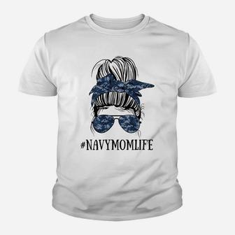 Womens Messy Bun Life Of A Proud Mom Navy Mother's Day Military Mom Youth T-shirt | Crazezy AU