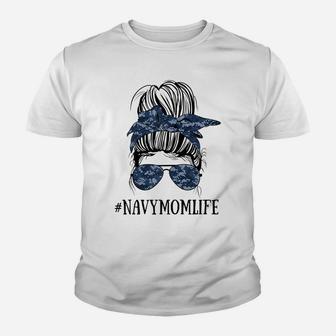 Womens Messy Bun Life Of A Proud Mom Navy Mother's Day Military Mom Youth T-shirt | Crazezy CA
