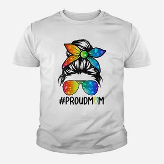 Womens Messy Hair Bun Proud Mom Lgbt Gay Pride Support Lgbtq Parade Youth T-shirt | Crazezy UK