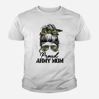 Womens Proud Army Mom Camouflage Messy Bun Soldier Mother's Day Youth T-shirt | Crazezy CA