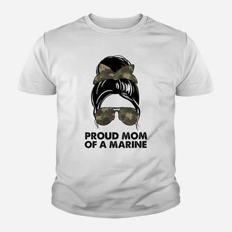 Womens Proud Mom Of A Marine Messy Bun Camouflage Military Women Youth T-shirt | Crazezy DE