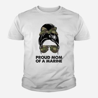 Womens Proud Mom Of A Marine Messy Bun Camouflage Military Women Youth T-shirt | Crazezy