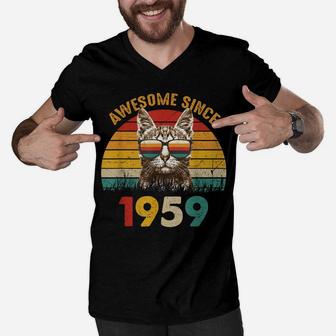 62Nd Birthday Gift Vintage Cat Mom & Dad Awesome Since 1959 Men V-Neck Tshirt | Crazezy