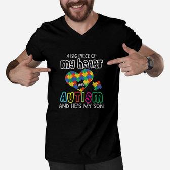 A Big Piece Of My Heart Has And He Is My Son Dad Mom Men V-Neck Tshirt | Crazezy