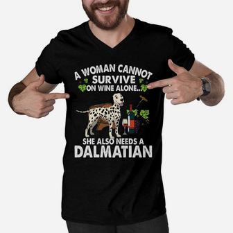 A Woman Cannot Survive On Wine Alone She Also Needs A Dalmatian Dog Lovers Men V-Neck Tshirt - Seseable