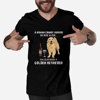 A Woman Cannot Survive On Wine Alone She Also Needs A Golden Retriever Dog Men V-Neck Tshirt - Seseable