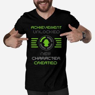 Achivement Daddy Unlocked Gamer Promoted To Dad Father's Day Men V-Neck Tshirt | Crazezy DE