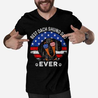 American Flag 4Th Of July Dachshund Gifts Dachsie Dad Men V-Neck Tshirt - Monsterry