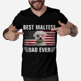 American Flag Best Maltese Dad Ever Tee Dog Dad Men V-Neck Tshirt | Crazezy
