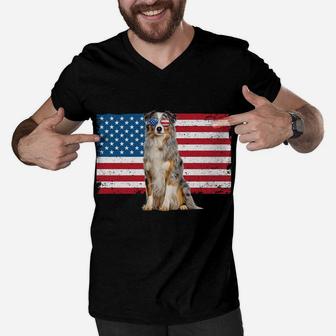 Australian Shepherd Dad American Flag Dog Lover Aussie Dad Men V-Neck Tshirt | Crazezy