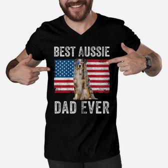 Australian Shepherd Dad American Flag Dog Lover Aussie Dad Zip Hoodie Men V-Neck Tshirt | Crazezy