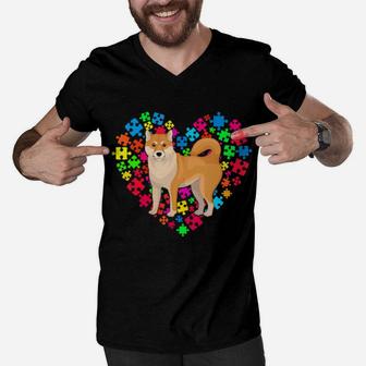 Autism Awareness Shiba Inu Dog Mom Dad Valentine Men V-Neck Tshirt - Monsterry