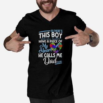 Autism Dad Boy Puzzle Pieces Daddy Autism Awereness Men V-Neck Tshirt - Monsterry UK