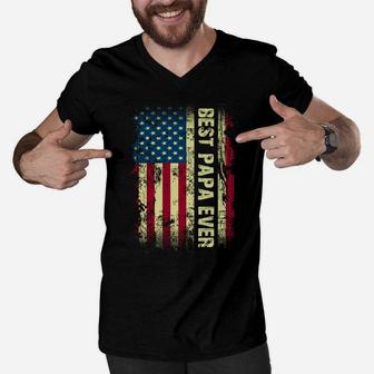 Best Papa Ever Vintage American Flag Gift Fathers Day Tee Sweatshirt Men V-Neck Tshirt | Crazezy