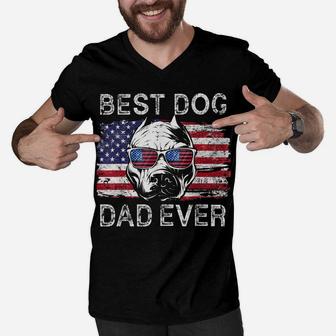 Best Pitbull Dog Dad Ever American Flag 4Th Of July Vintage Men V-Neck Tshirt | Crazezy