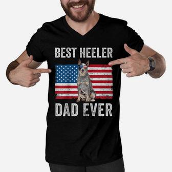 Blue Heeler Dad Australian Cattle Dog Lover American Flag Raglan Baseball Tee Men V-Neck Tshirt | Crazezy CA