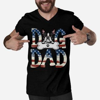 Boston Terrier Dad Fathers Day American Flag Dog Lovers Men V-Neck Tshirt | Crazezy DE