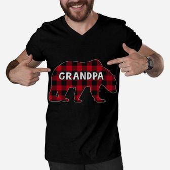 Buffalo Plaid Bear Christmas Pajama Matching Family Grandpa Men V-Neck Tshirt | Crazezy