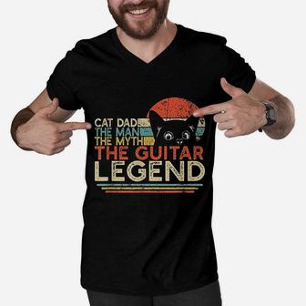 Cat Dad Man Myth Guitar Legend Guitar Player Men V-Neck Tshirt | Crazezy