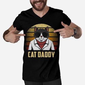Cat Daddy Shirt Funny Retro Father Gift Best Ever Cat Dad Men V-Neck Tshirt | Crazezy UK