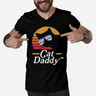 Cat Daddy Vintage Sunglasses Eighties Retro Distressed 80S Men V-Neck Tshirt - Monsterry