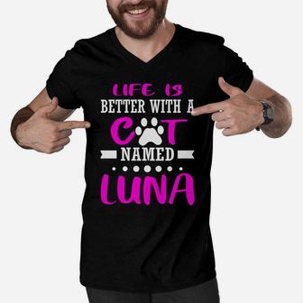 Cat Named Luna Funny Cut Cat Mom Dad Owner Christmas Gift Men V-Neck Tshirt | Crazezy UK