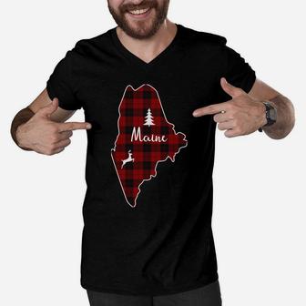 Christmas Gift For Mom Dad Red Plaid Deer Tree Maine State Sweatshirt Men V-Neck Tshirt | Crazezy DE