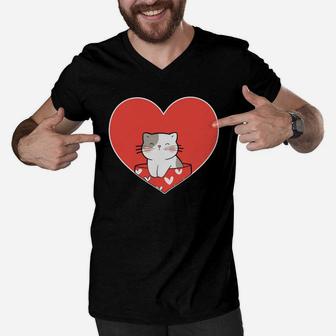 Cute Cat Love Heart Valentines Day Gift Happy Valentines Day Men V-Neck Tshirt - Seseable