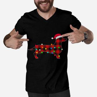 Dachshund Christmas Lights Funny Red Plaid Dog Dad Mom Sweatshirt Men V-Neck Tshirt | Crazezy DE