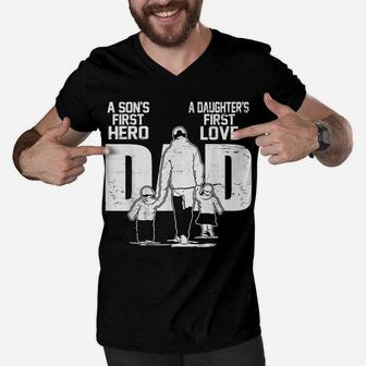 Dad A Sons First Hero Daughters First Love Father's Day Gift Men V-Neck Tshirt | Crazezy UK