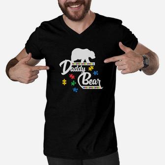 Daddy Bear Puzzle Autism Awareness Dad Men V-Neck Tshirt - Monsterry