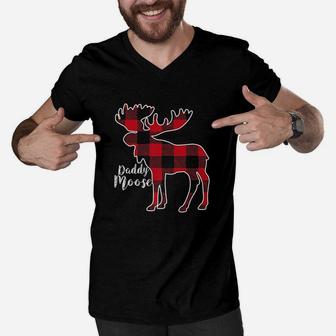 Daddy Moose Red Plaid Buffalo Matching Family Pajama Men V-Neck Tshirt | Crazezy CA