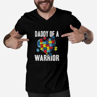 Daddy Of A Warrior Cute Autism Awareness Puzzle Men V-Neck Tshirt - Monsterry UK