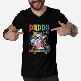 Daddy Of The Birthday Princess Dabbing Unicorn Men V-Neck Tshirt | Crazezy