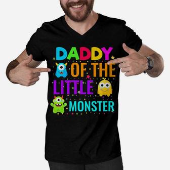 Daddy Of The Little Monster Birthday Family Monster Men V-Neck Tshirt | Crazezy