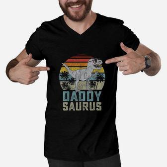 Daddysaurus T Rex Dinosaur Men V-Neck Tshirt | Crazezy